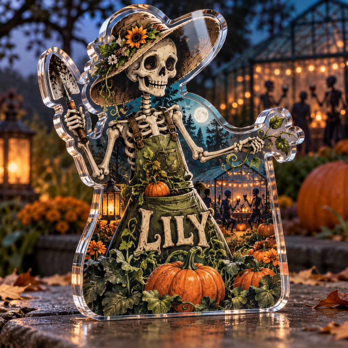 Artwork visualization: Skeleton gardener — Halloween party accent, personalized LILY, subject-shaped acrylic with printed optical 3D depth; not carved relief.