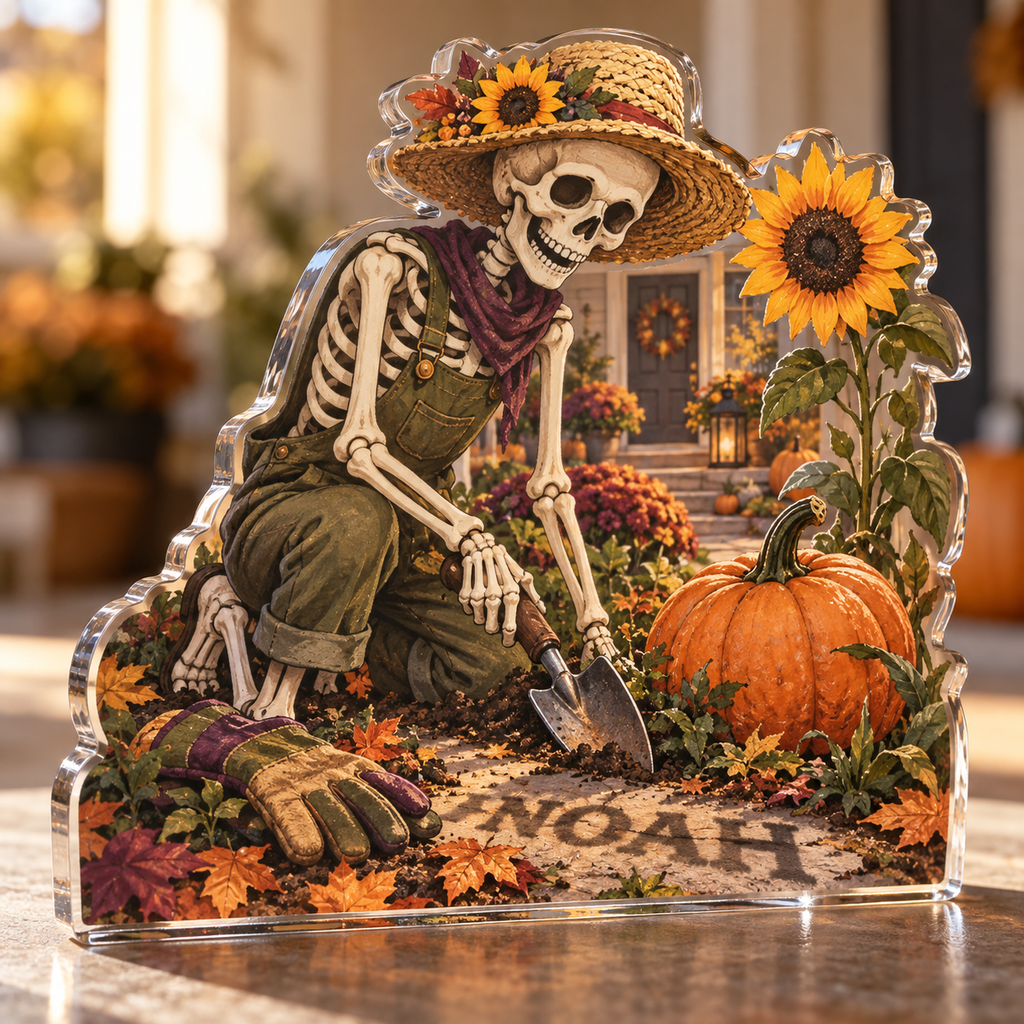 Artwork visualization: Skeleton gardener — host seasonal thank you, personalized NOAH, subject-shaped acrylic with printed optical 3D depth; not carved relief.
