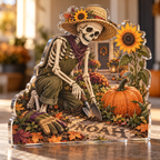 Artwork visualization: Skeleton gardener — host seasonal thank you, personalized NOAH, subject-shaped acrylic with printed optical 3D depth; not carved relief.
