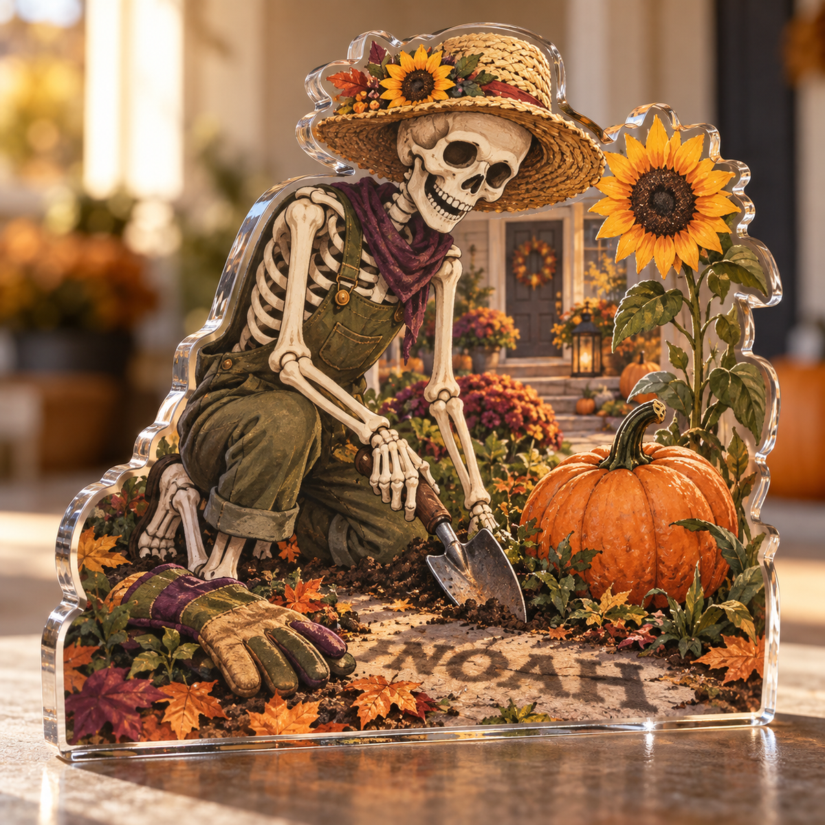 Artwork visualization: Skeleton gardener — host seasonal thank you, personalized NOAH, subject-shaped acrylic with printed optical 3D depth; not carved relief.