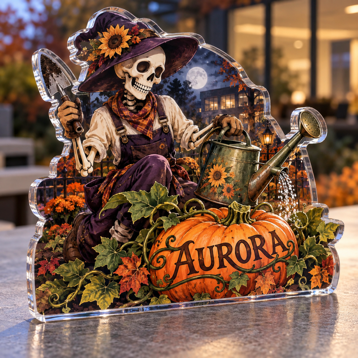Artwork visualization: Skeleton gardener — office seasonal desk, personalized AURORA, subject-shaped acrylic with printed optical 3D depth; not carved relief.