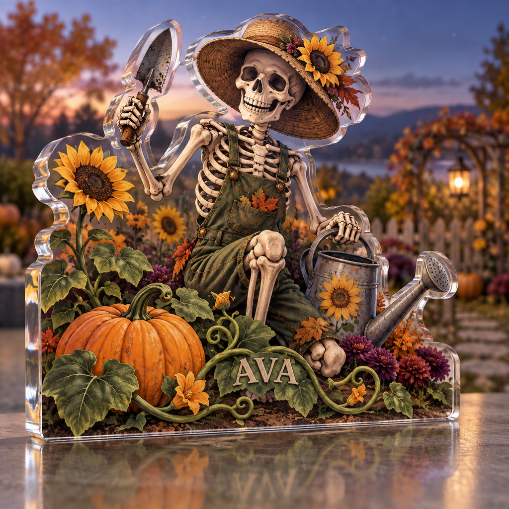 Artwork visualization: Skeleton gardener — family seasonal keepsake, personalized AVA, subject-shaped acrylic with printed optical 3D depth; not carved relief.