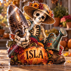 Personalized Skeleton Gardener — Autumn Birthday Gift acrylic plaque with an example name set into the artwork, digital preview