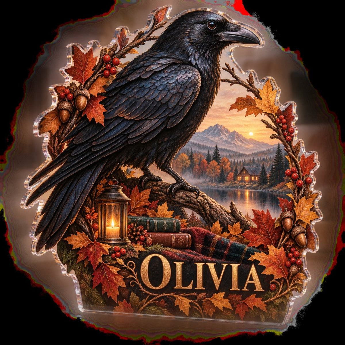Personalized Raven Autumn Wreath Seasonal Living Room Decor custom shape acrylic plaque with an example name set into the artwork, digital preview