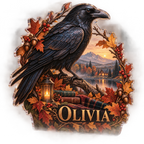 Artwork visualization: Raven autumn wreath — seasonal living room decor, personalized OLIVIA, subject-shaped acrylic with printed optical 3D depth; not carved relief.