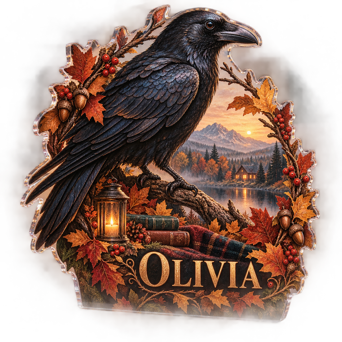 Artwork visualization: Raven autumn wreath — seasonal living room decor, personalized OLIVIA, subject-shaped acrylic with printed optical 3D depth; not carved relief.