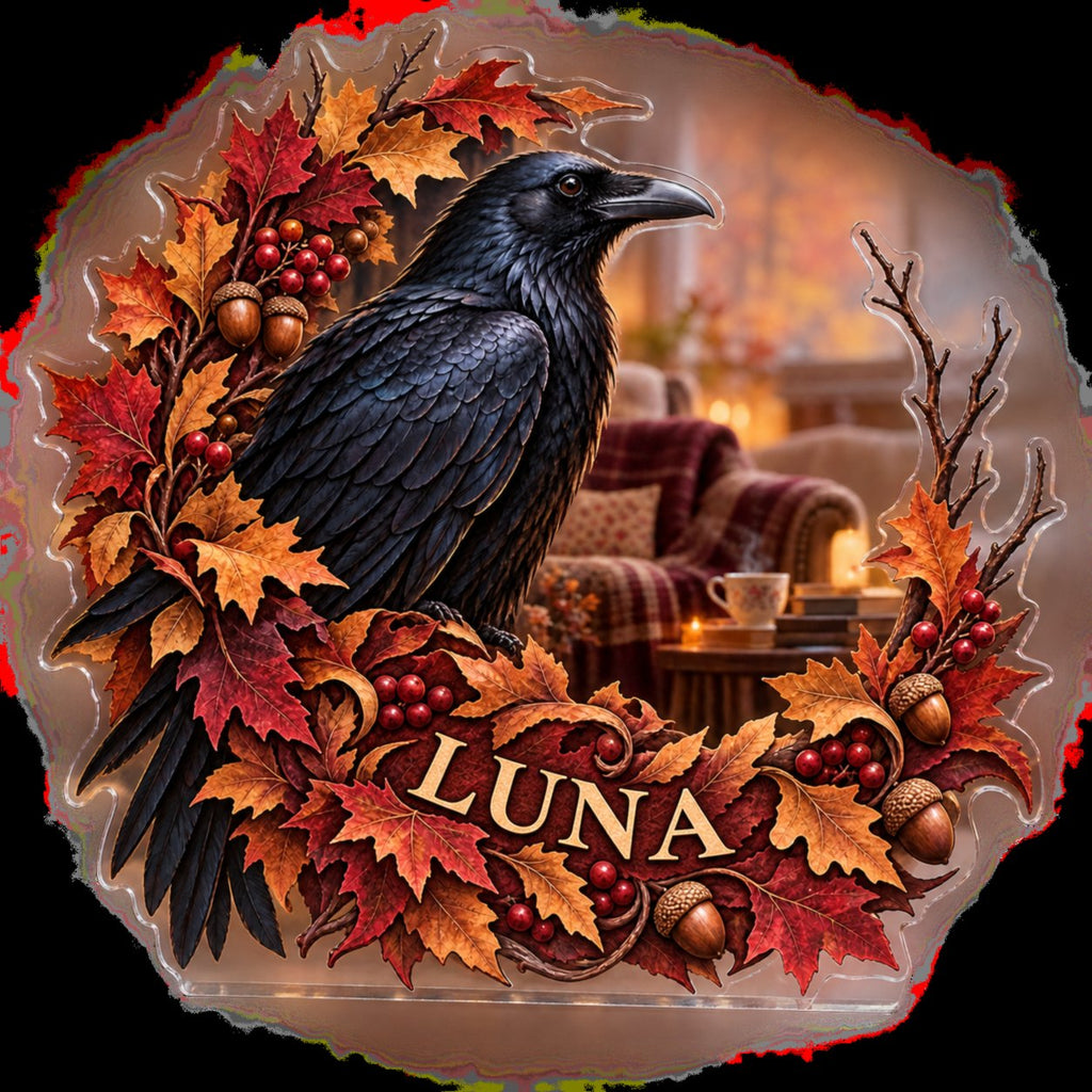 Personalized Raven Autumn Wreath Reading Nook Seasonal Refresh custom shape acrylic plaque with an example name set into the artwork, digital preview