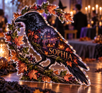 Artwork visualization: Raven autumn wreath — Halloween party accent, personalized SOPHIA, subject-shaped acrylic with printed optical 3D depth; not carved relief.