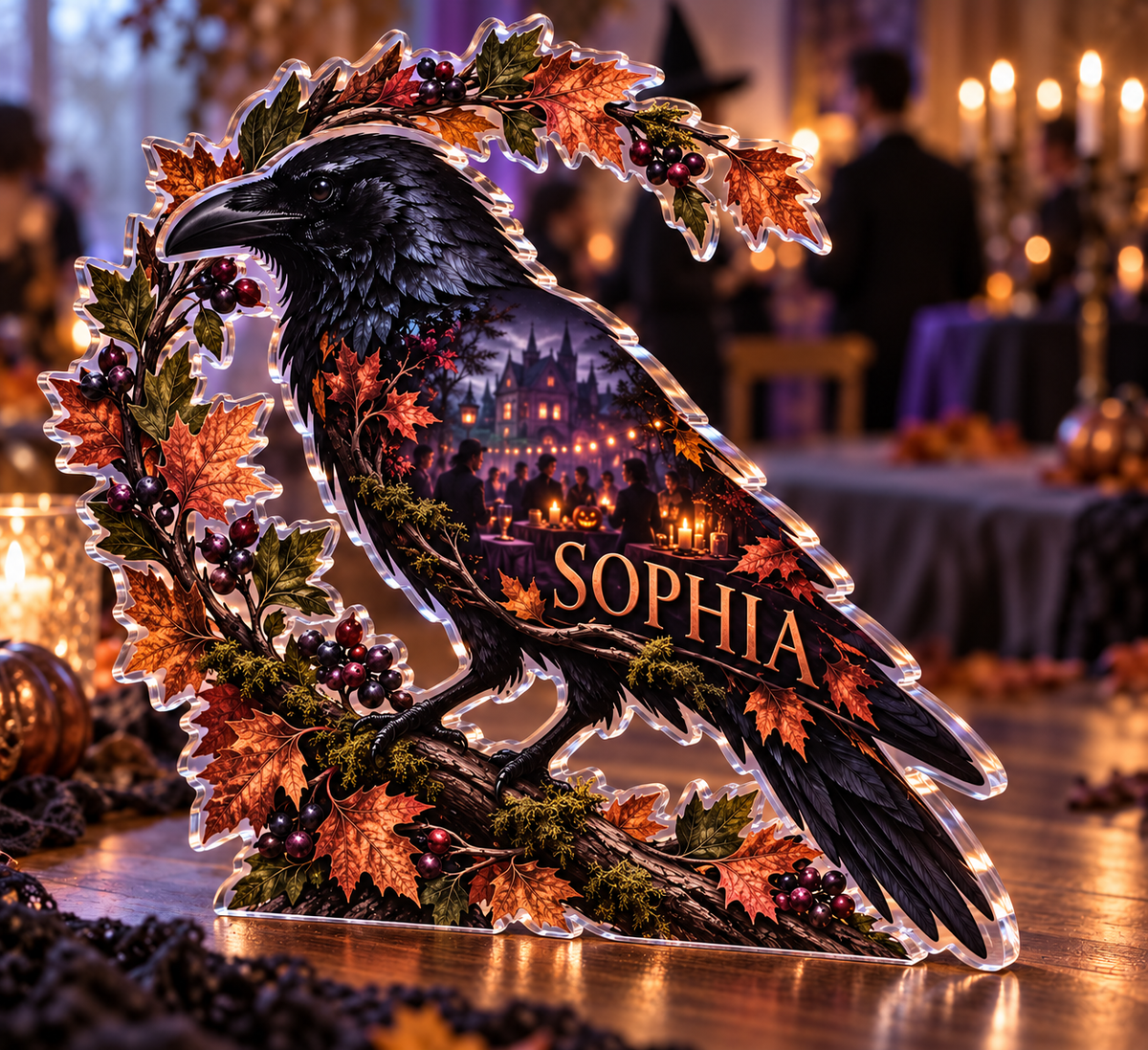 Artwork visualization: Raven autumn wreath — Halloween party accent, personalized SOPHIA, subject-shaped acrylic with printed optical 3D depth; not carved relief.