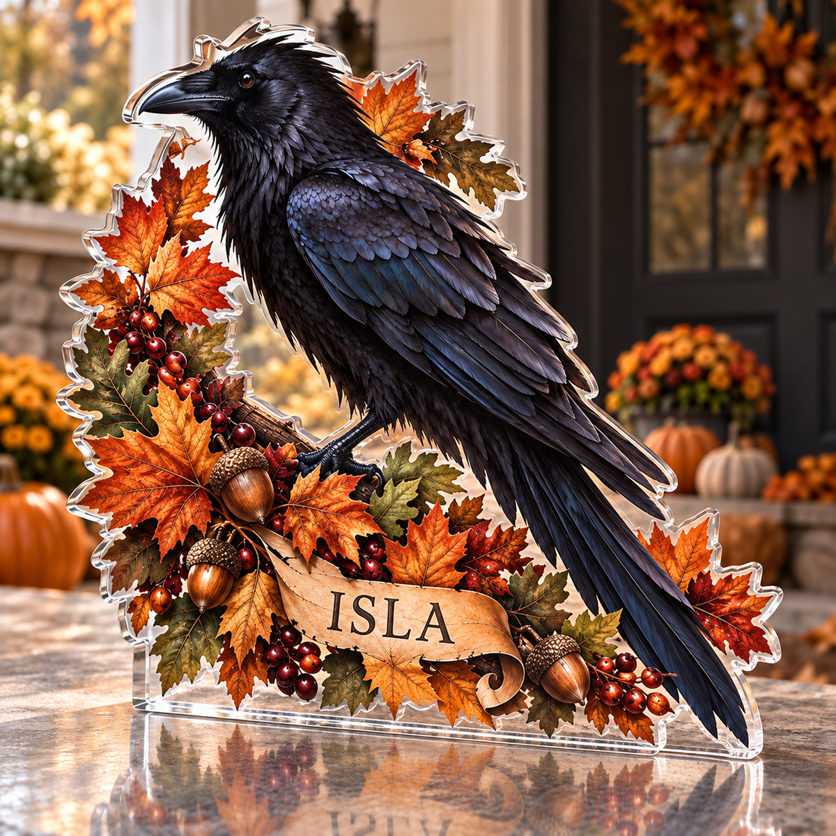 Artwork visualization: Raven autumn wreath — host seasonal thank you, personalized ISLA, subject-shaped acrylic with printed optical 3D depth; not carved relief.