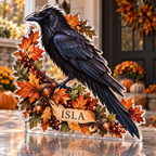 Artwork visualization: Raven autumn wreath — host seasonal thank you, personalized ISLA, subject-shaped acrylic with printed optical 3D depth; not carved relief.