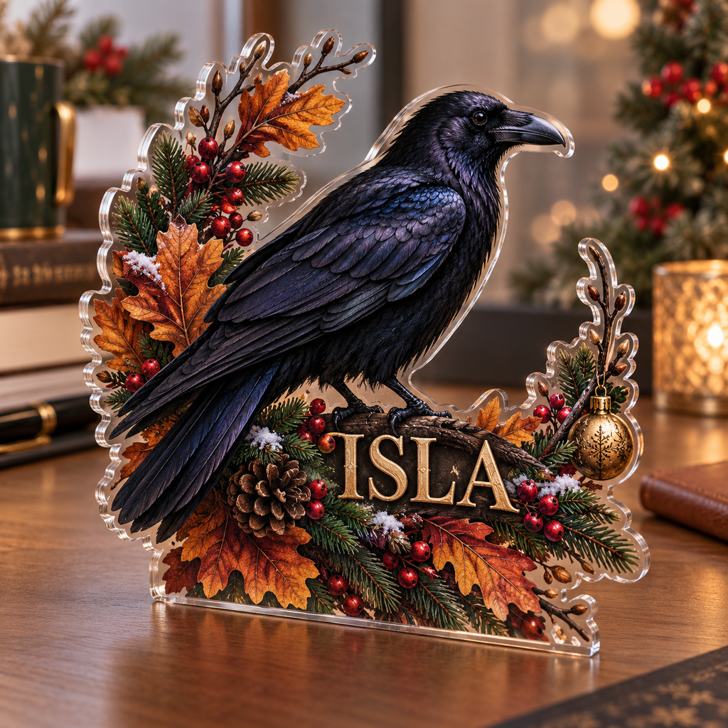 Artwork visualization: Raven autumn wreath — office seasonal desk, personalized ISLA, subject-shaped acrylic with printed optical 3D depth; not carved relief.