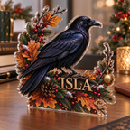 Artwork visualization: Raven autumn wreath — office seasonal desk, personalized ISLA, subject-shaped acrylic with printed optical 3D depth; not carved relief.