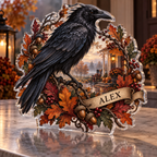 Artwork visualization: Raven autumn wreath — family seasonal keepsake, personalized ALEX, subject-shaped acrylic with printed optical 3D depth; not carved relief.