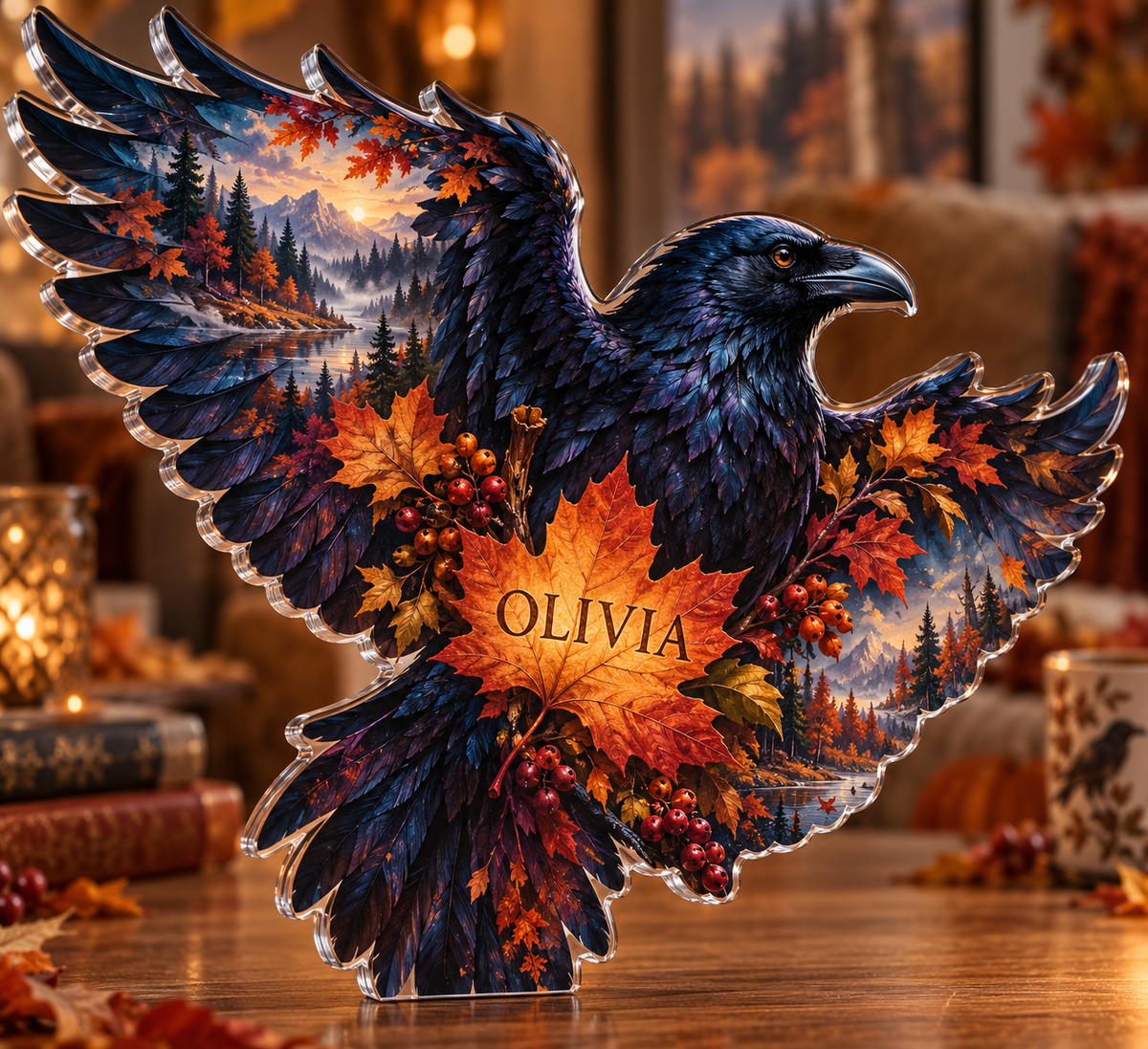 Personalized Raven Autumn Wreath — Autumn Birthday Gift acrylic plaque with an example name set into the artwork, digital preview