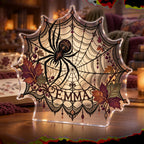 Personalized Spiderweb Lace Print Reading Nook Seasonal Refresh custom shape acrylic plaque with an example name set into the artwork, digital preview