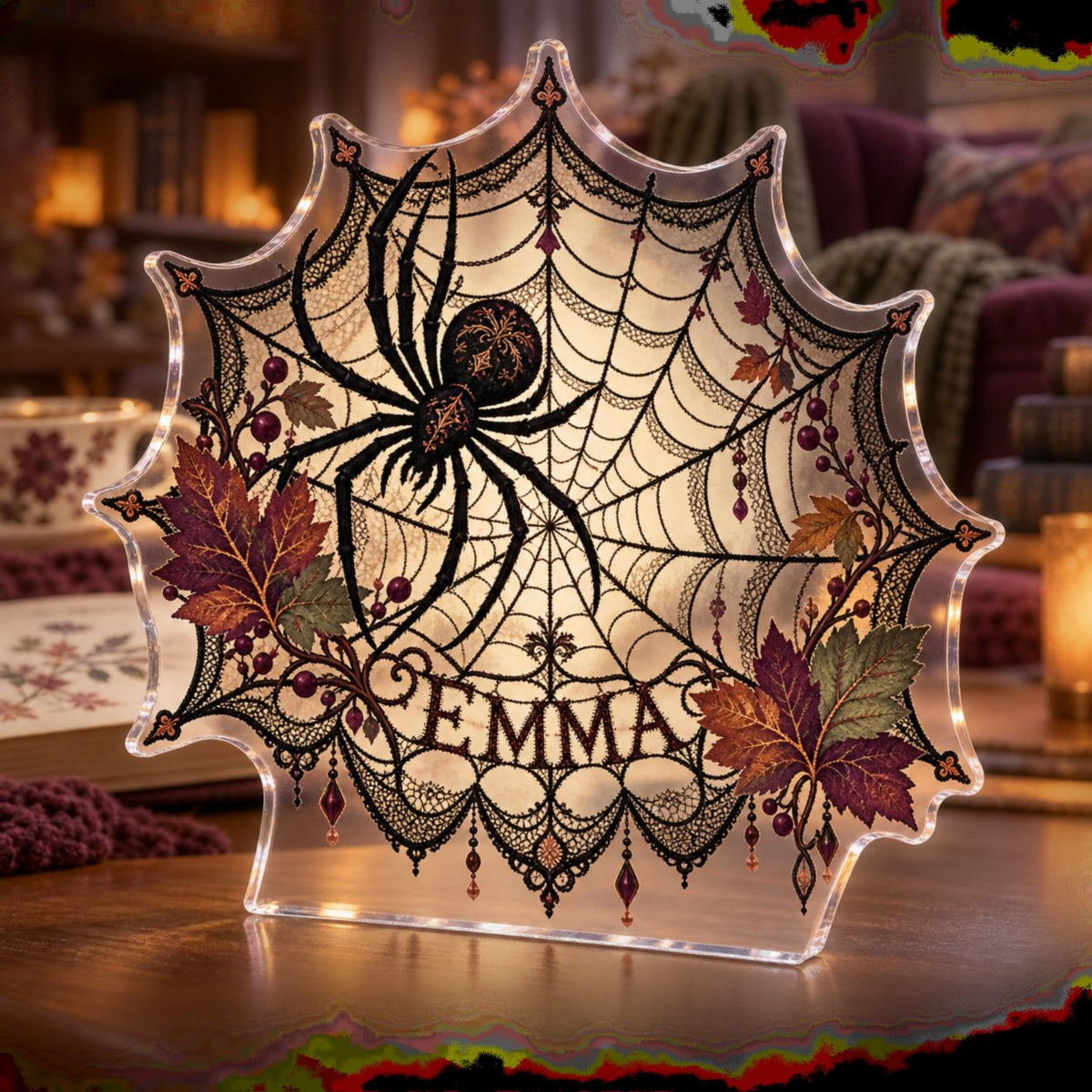 Personalized Spiderweb Lace Print Reading Nook Seasonal Refresh custom shape acrylic plaque with an example name set into the artwork, digital preview