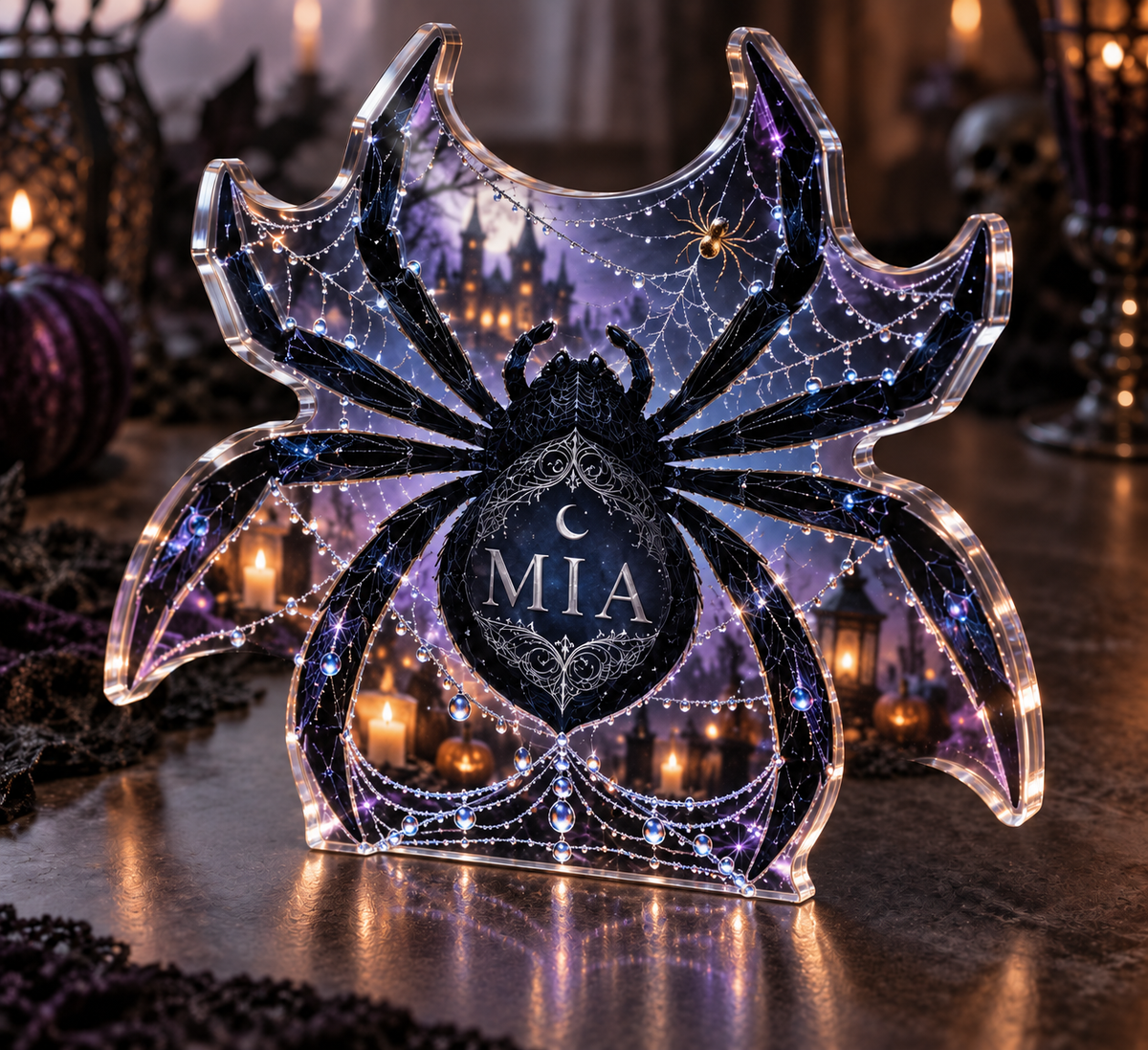 Artwork visualization: Spiderweb lace print — Halloween party accent, personalized MIA, subject-shaped acrylic with printed optical 3D depth; not carved relief.