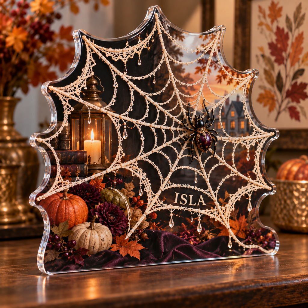 Artwork visualization: Spiderweb lace print — host seasonal thank you, personalized ISLA, subject-shaped acrylic with printed optical 3D depth; not carved relief.