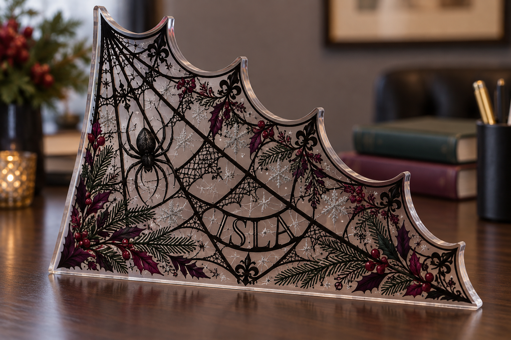Artwork visualization: Spiderweb lace print — office seasonal desk, personalized ISLA, subject-shaped acrylic with printed optical 3D depth; not carved relief.