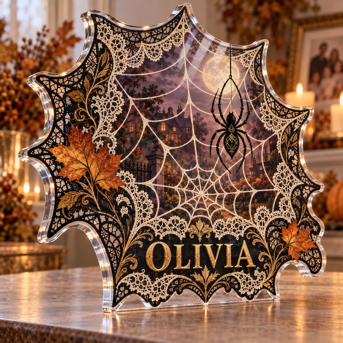 Artwork visualization: Spiderweb lace print — family seasonal keepsake, personalized OLIVIA, subject-shaped acrylic with printed optical 3D depth; not carved relief.