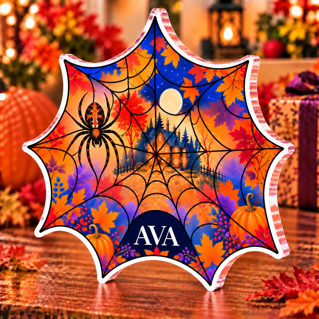 Personalized Spiderweb Lace Print — Autumn Birthday Gift acrylic plaque with an example name set into the artwork, digital preview