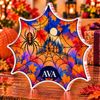 Personalized Spiderweb Lace Print — Autumn Birthday Gift acrylic plaque with an example name set into the artwork, digital preview