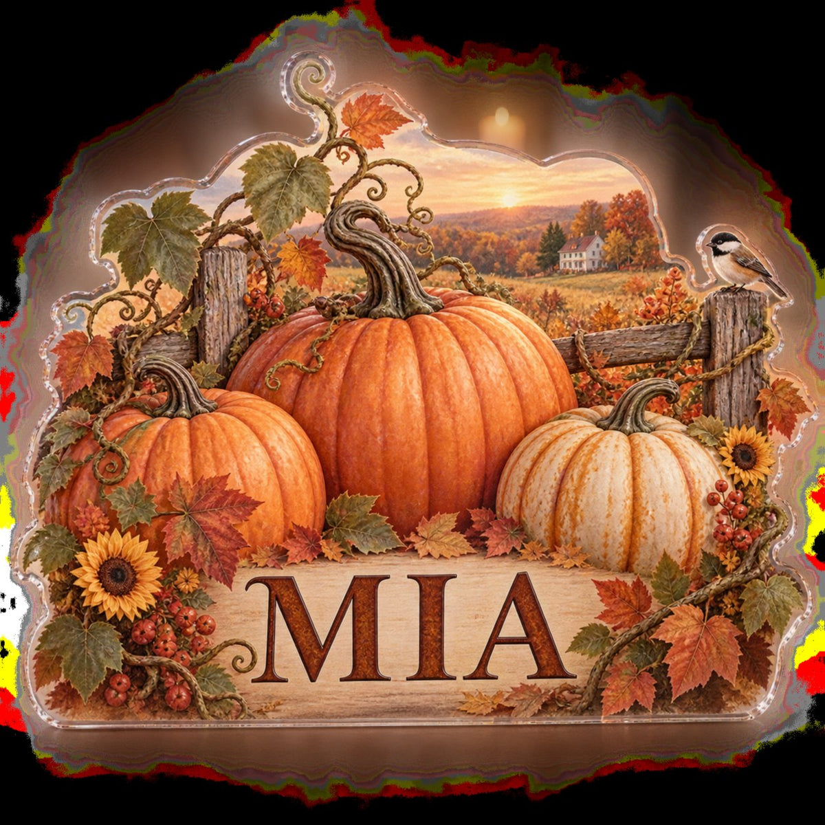 Personalized Pumpkin Patch Seasonal Living Room Decor custom shape acrylic plaque with an example name set into the artwork, digital preview