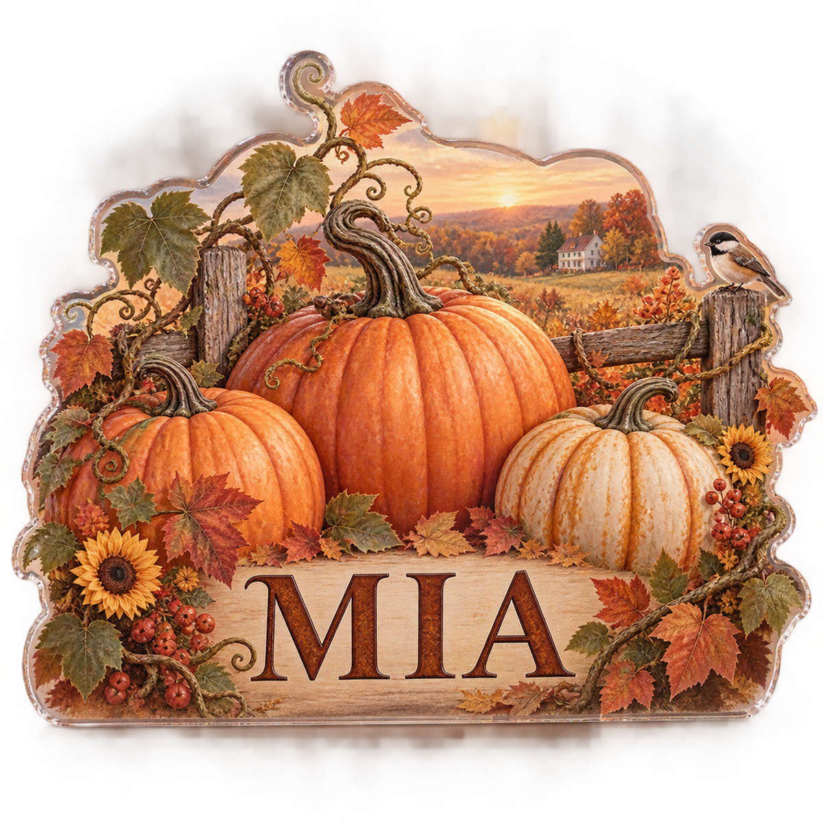 Artwork visualization: Pumpkin patch — seasonal living room decor, personalized MIA, subject-shaped acrylic with printed optical 3D depth; not carved relief.