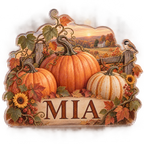 Artwork visualization: Pumpkin patch — seasonal living room decor, personalized MIA, subject-shaped acrylic with printed optical 3D depth; not carved relief.