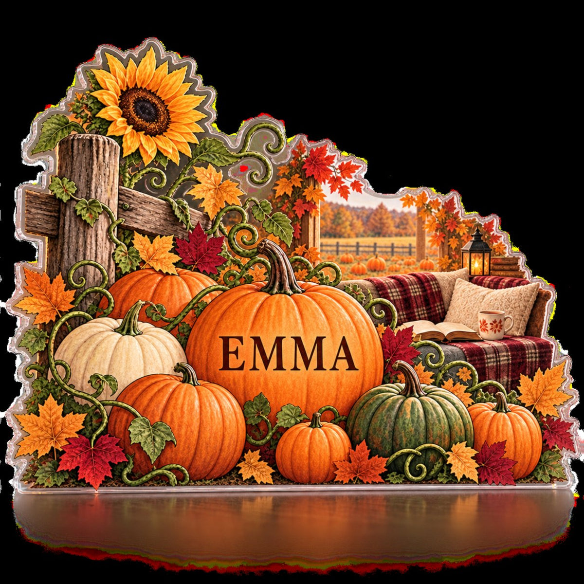 Personalized Pumpkin Patch Reading Nook Seasonal Refresh custom shape acrylic plaque with an example name set into the artwork, digital preview