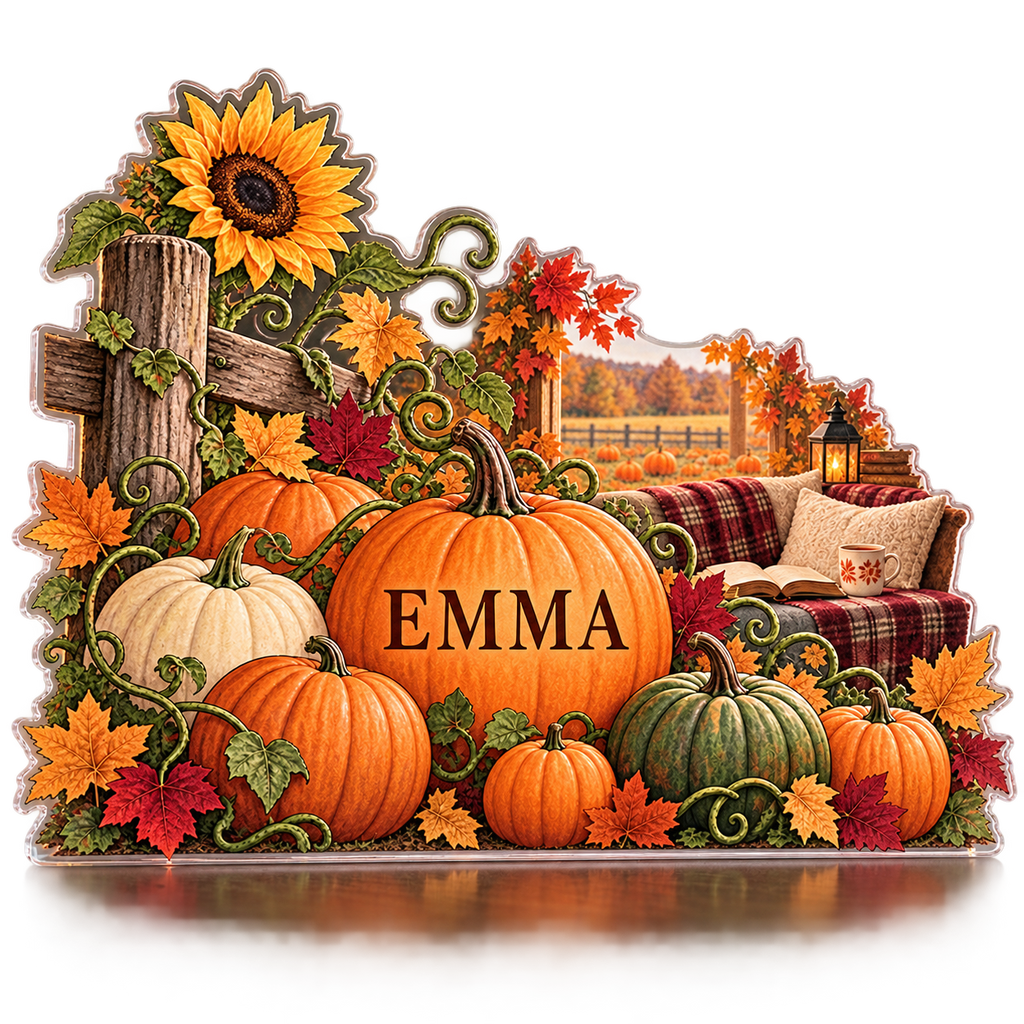 Artwork visualization: Pumpkin patch — reading nook seasonal refresh, personalized EMMA, subject-shaped acrylic with printed optical 3D depth; not carved relief.