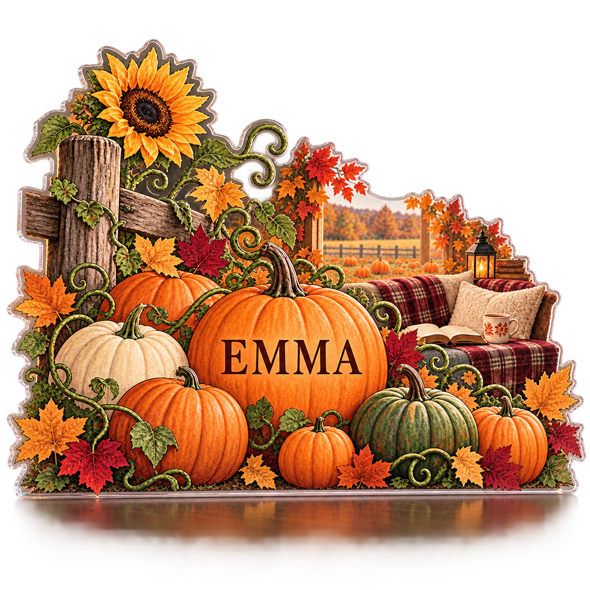Artwork visualization: Pumpkin patch — reading nook seasonal refresh, personalized EMMA, subject-shaped acrylic with printed optical 3D depth; not carved relief.