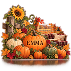 Artwork visualization: Pumpkin patch — reading nook seasonal refresh, personalized EMMA, subject-shaped acrylic with printed optical 3D depth; not carved relief.