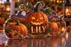 Artwork visualization: Pumpkin patch — Halloween party accent, personalized LILY, subject-shaped acrylic with printed optical 3D depth; not carved relief.