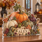 Artwork visualization: Pumpkin patch — host seasonal thank you, personalized ALEX, subject-shaped acrylic with printed optical 3D depth; not carved relief.