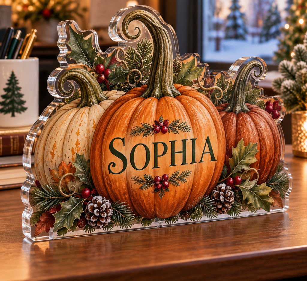 Artwork visualization: Pumpkin patch — office seasonal desk, personalized SOPHIA, subject-shaped acrylic with printed optical 3D depth; not carved relief.