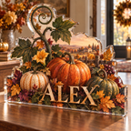 Artwork visualization: Pumpkin patch — family seasonal keepsake, personalized ALEX, subject-shaped acrylic with printed optical 3D depth; not carved relief.