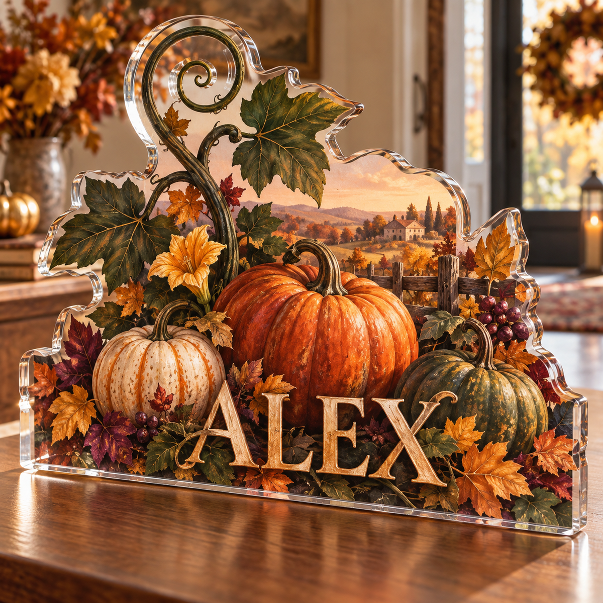 Artwork visualization: Pumpkin patch — family seasonal keepsake, personalized ALEX, subject-shaped acrylic with printed optical 3D depth; not carved relief.