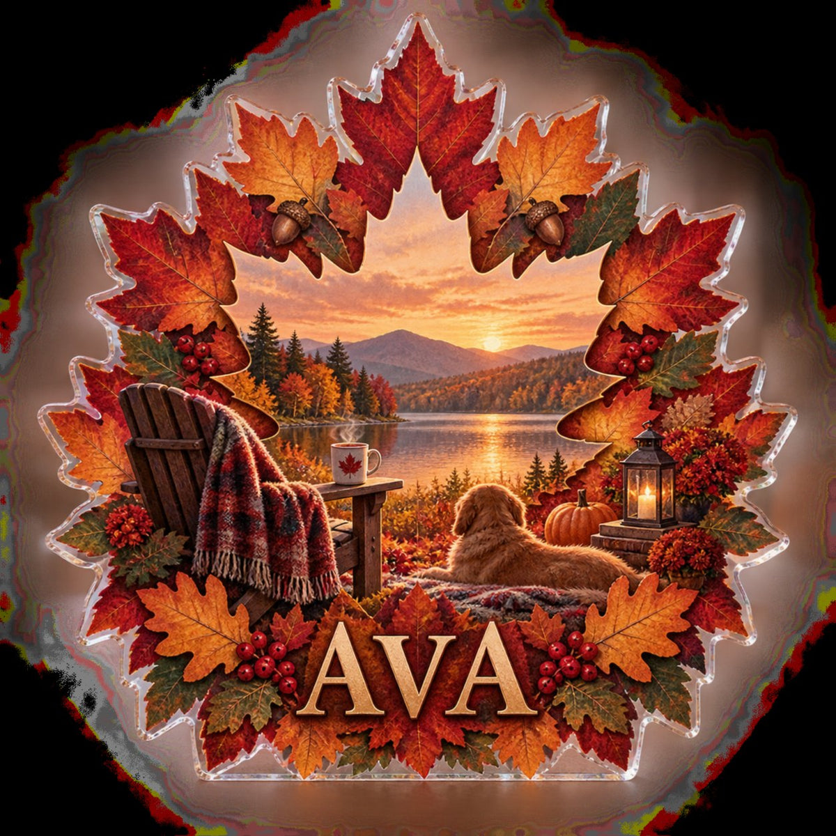 Personalized Autumn Leaf Mandala Seasonal Living Room Decor custom shape acrylic plaque with an example name set into the artwork, digital preview