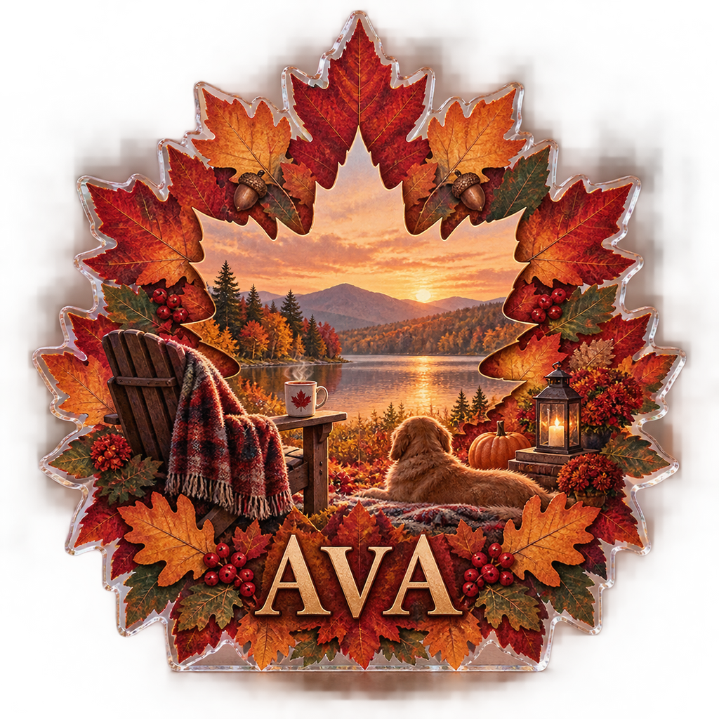 Artwork visualization: Autumn leaf mandala — seasonal living room decor, personalized AVA, subject-shaped acrylic with printed optical 3D depth; not carved relief.