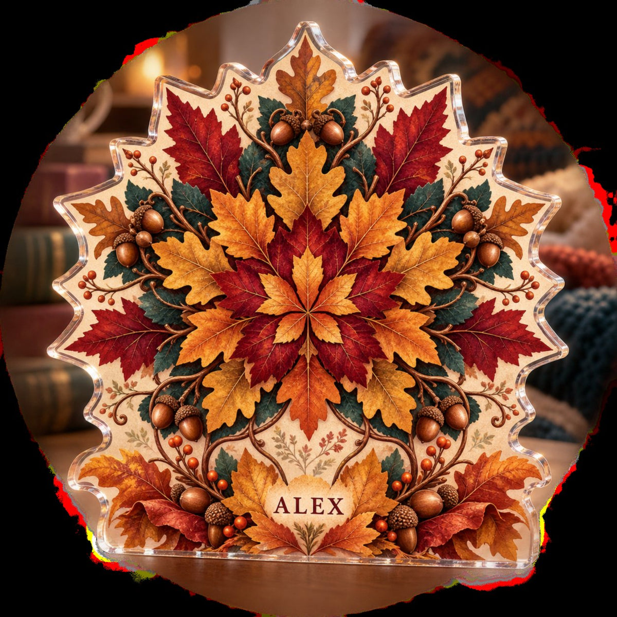 Personalized Autumn Leaf Mandala Reading Nook Seasonal Refresh custom shape acrylic plaque with an example name set into the artwork, digital preview