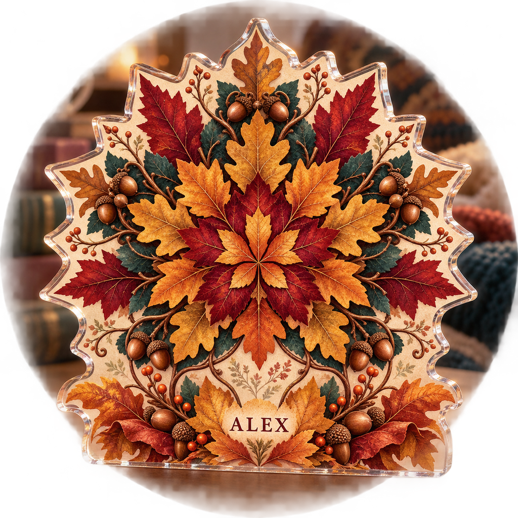 Artwork visualization: Autumn leaf mandala — reading nook seasonal refresh, personalized ALEX, subject-shaped acrylic with printed optical 3D depth; not carved relief.