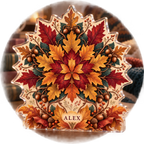 Artwork visualization: Autumn leaf mandala — reading nook seasonal refresh, personalized ALEX, subject-shaped acrylic with printed optical 3D depth; not carved relief.