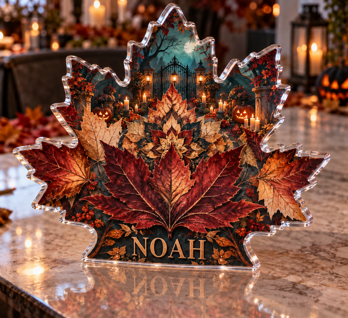 Artwork visualization: Autumn leaf mandala — Halloween party accent, personalized NOAH, subject-shaped acrylic with printed optical 3D depth; not carved relief.