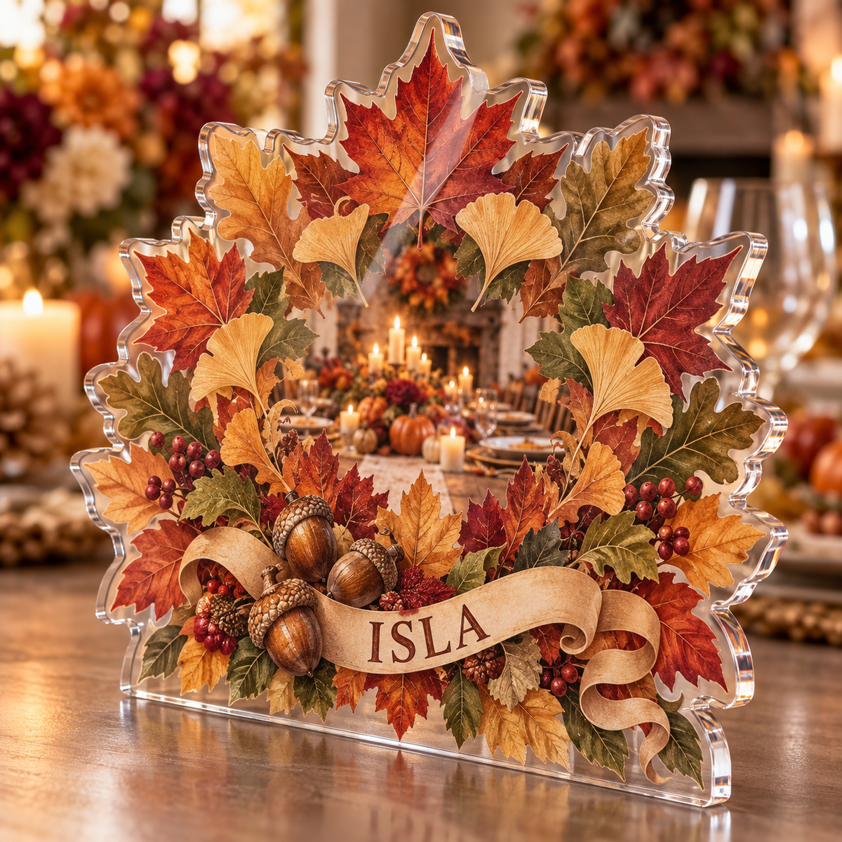 Artwork visualization: Autumn leaf mandala — host seasonal thank you, personalized ISLA, subject-shaped acrylic with printed optical 3D depth; not carved relief.