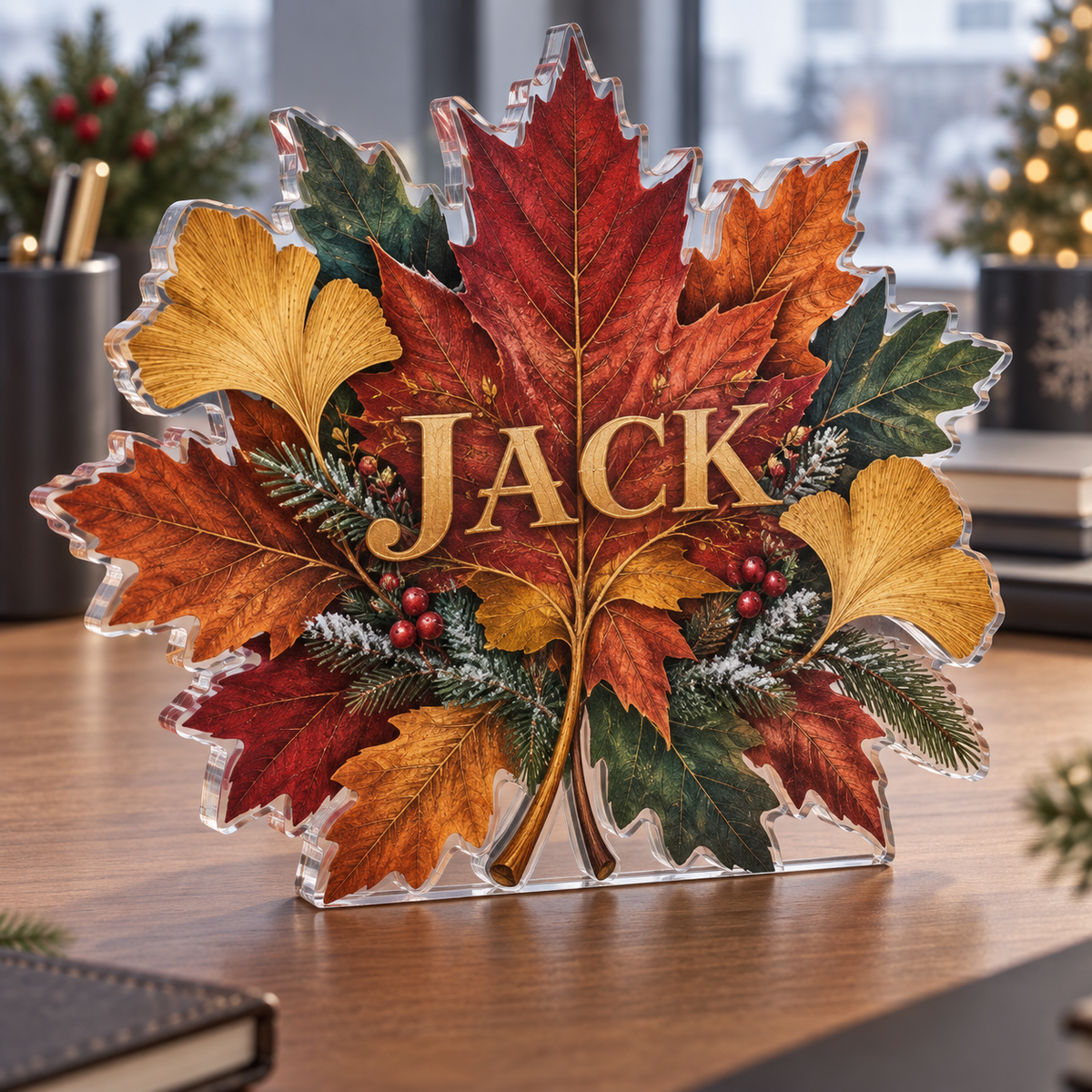 Artwork visualization: Autumn leaf mandala — office seasonal desk, personalized JACK, subject-shaped acrylic with printed optical 3D depth; not carved relief.