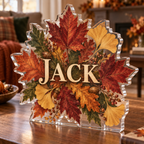 Artwork visualization: Autumn leaf mandala — family seasonal keepsake, personalized JACK, subject-shaped acrylic with printed optical 3D depth; not carved relief.
