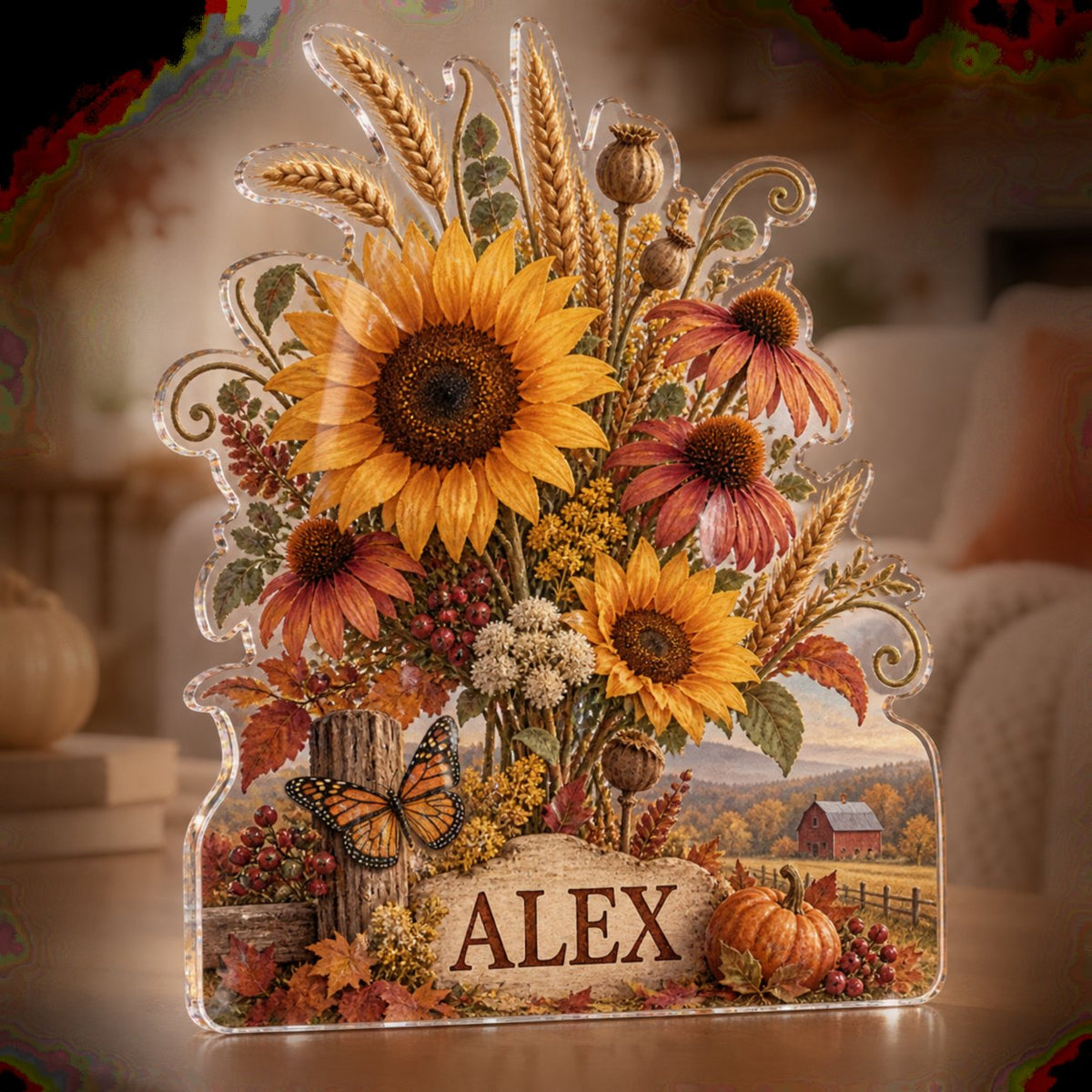 Personalized Harvest Wildflowers Seasonal Living Room Decor custom shape acrylic plaque with an example name set into the artwork, digital preview