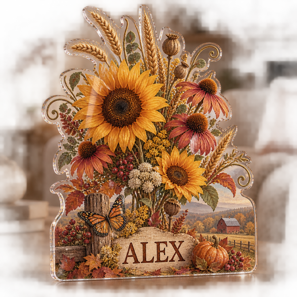 Artwork visualization: Harvest wildflowers — seasonal living room decor, personalized ALEX, subject-shaped acrylic with printed optical 3D depth; not carved relief.